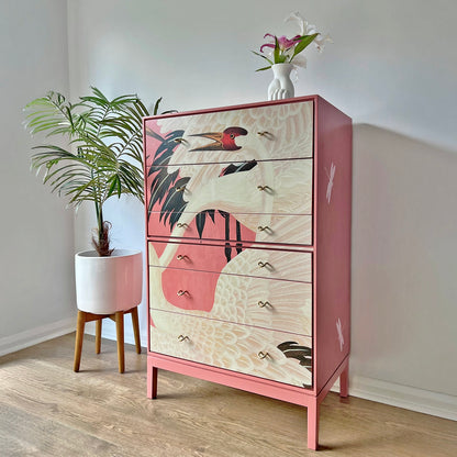 Bespoke Pink Stag C Range Tallboy – Fully Decoupaged in Iconic Pink Gucci Heron Print