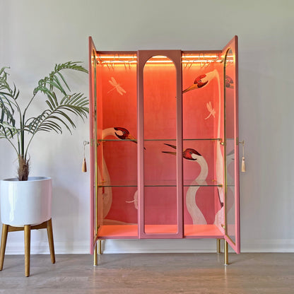 G Plan Modern Arched Glass Display Drinks Cocktail Cabinet - Pink Gucci Herons