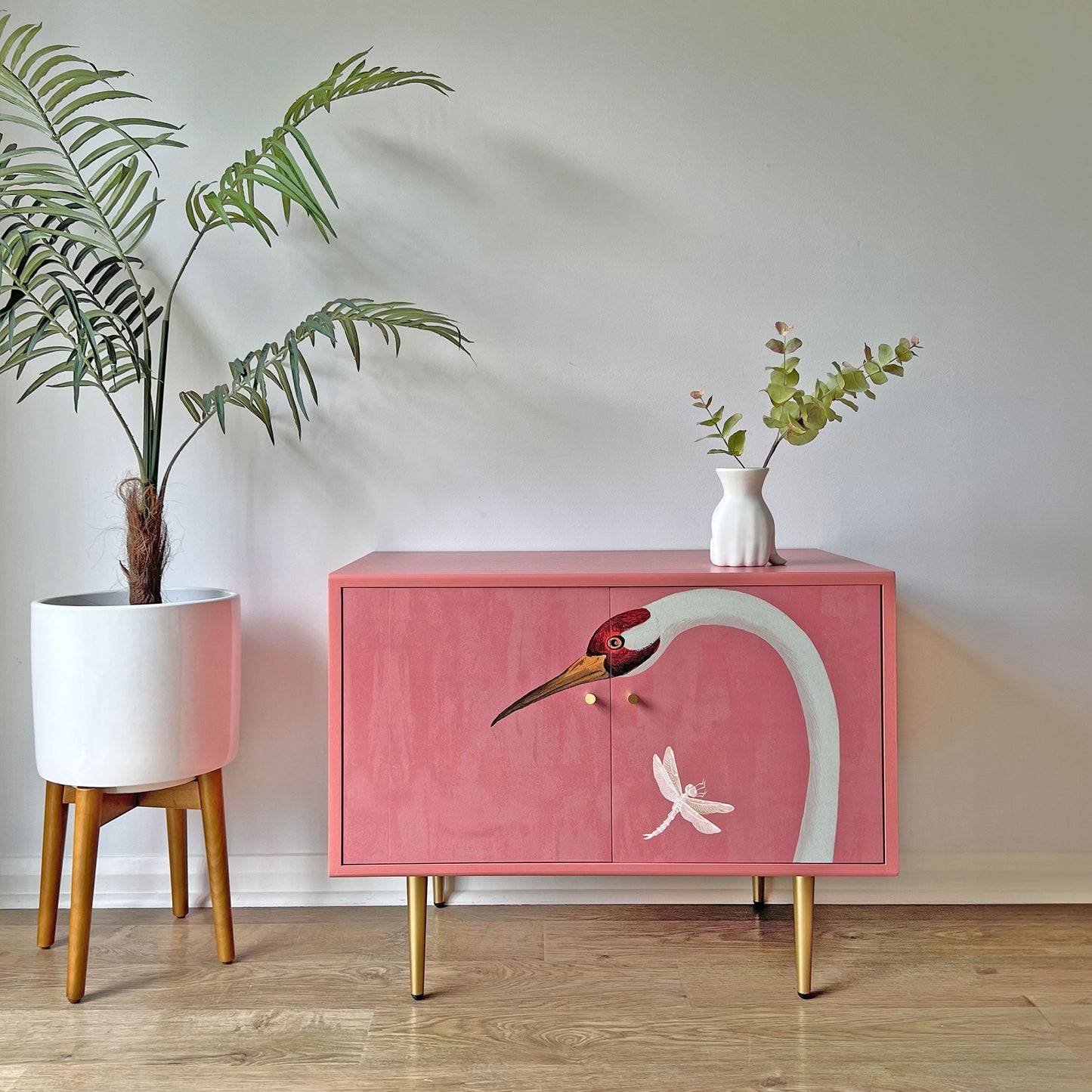 Gucci Pink Herons Vintage Mid-Century G Plan Fresco Small Sideboard Vinyl Cabinet TV Stand