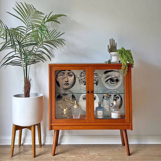 Vintage G Plan Teak Small Glass Fronted Display Drinks Cabinet Sideboard - Fornasetti Tema E Variazioni - Made To Order