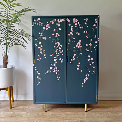 Vintage Large Blue Drinks Cocktail Cabinet Bar - Chinoiserie Cherry Blossoms - Made to Order