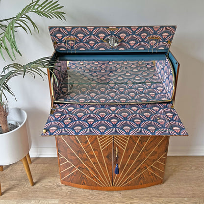 Vintage Walnut 1920s Art Deco Cocktail Cabinet - Bespoke Hand-Painted Gold Geometric Design - *MADE TO ORDER*