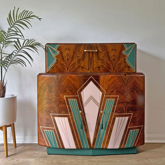 Large Vintage Walnut 1920s Art Deco Cocktail Cabinet - Bespoke Hand-Painted Design - Made to Order