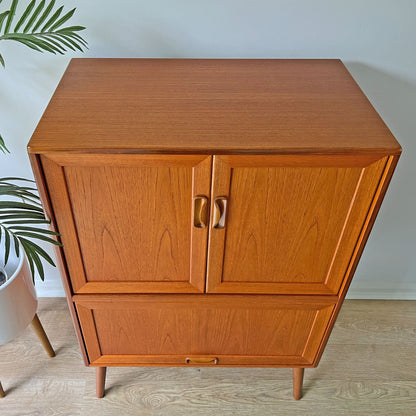 Vintage Mid Century G Plan Fresco Drinks Cocktail Cabinet on Wooden Legs - Green & Gold Interior