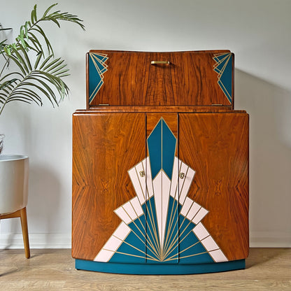 Large Vintage Walnut 1920s Art Deco Cocktail Cabinet - Bespoke Blue & Pink Hand-Painted Design - *MADE TO ORDER*