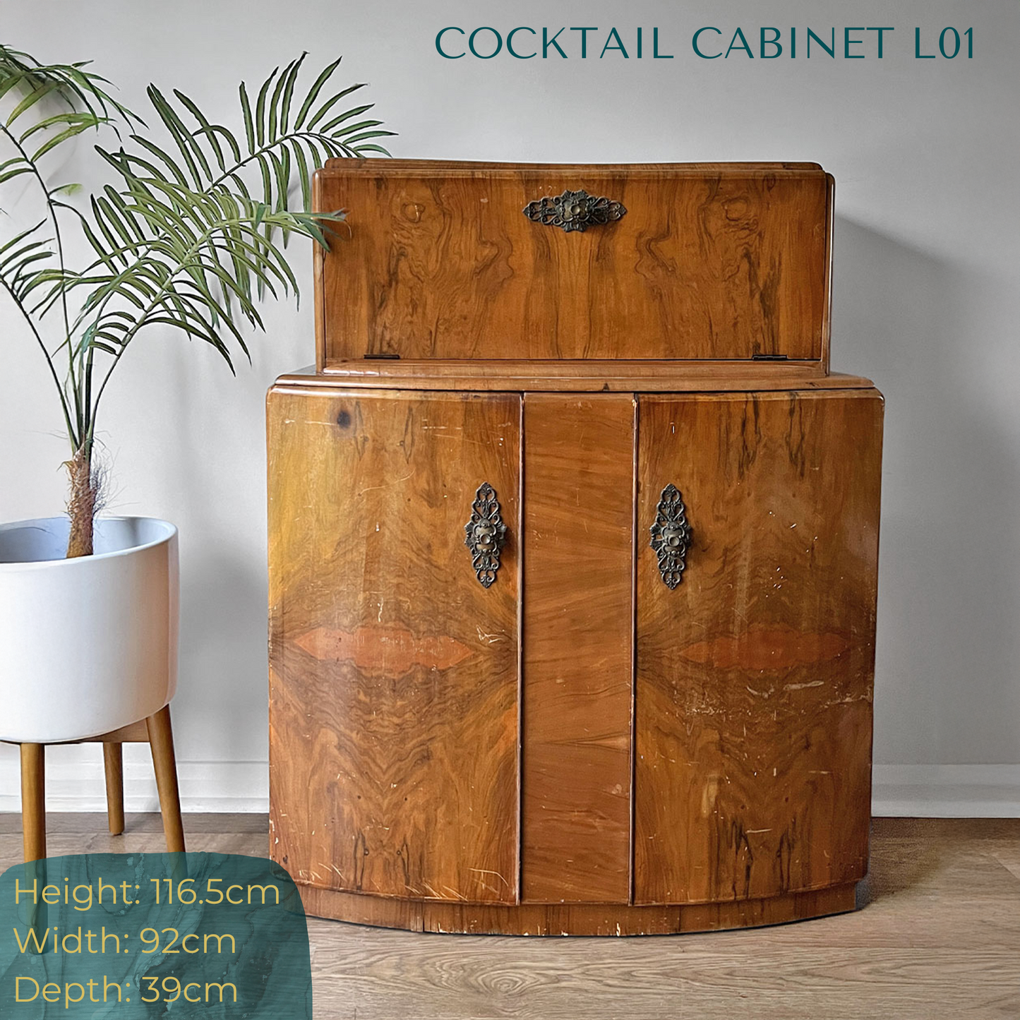 Large Vintage Walnut 1920s Art Deco Cocktail Cabinet - Bespoke Blue & Pink Hand-Painted Design - *MADE TO ORDER*