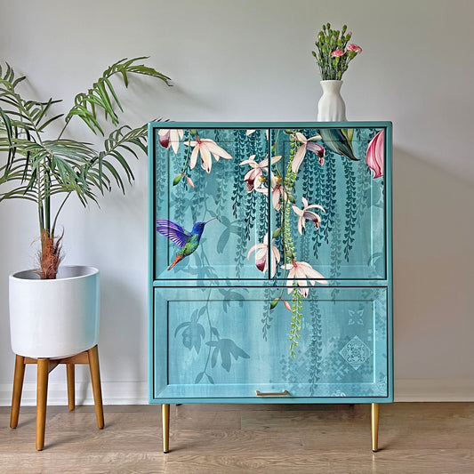 One-of-a-kind G Plan Fresco Drinks Cocktail Cabinet - Aqua Blue - 'Trailing Orchids'