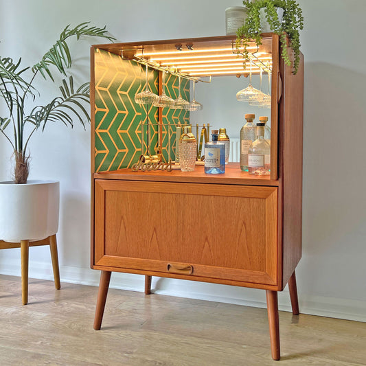 Vintage Mid Century G Plan Fresco Drinks Cocktail Cabinet on Wooden Legs - Green & Gold Interior