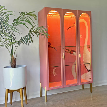 G Plan Modern Arched Glass Display Drinks Cocktail Cabinet - Pink Gucci Herons