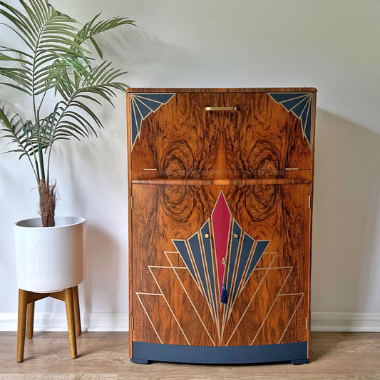 Vintage Walnut 1920s Art Deco Cocktail Cabinet - Bespoke Hand-Painted Design - Made to Order