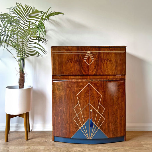 Vintage Walnut 1920s Art Deco Cocktail Cabinet - Bespoke Hand-Painted Design - Made to Order