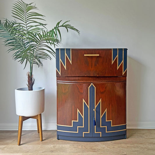 Vintage Walnut 1920s Art Deco Cocktail Cabinet - Bespoke Hand-Painted Design - Midnight Rising - Made to Order