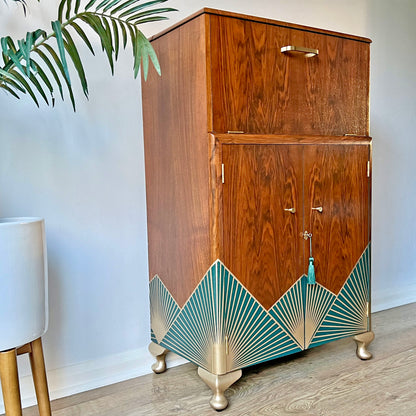 Green & Gold Art Deco Walnut Drinks Cocktail Gin Wine Bar Cabinet