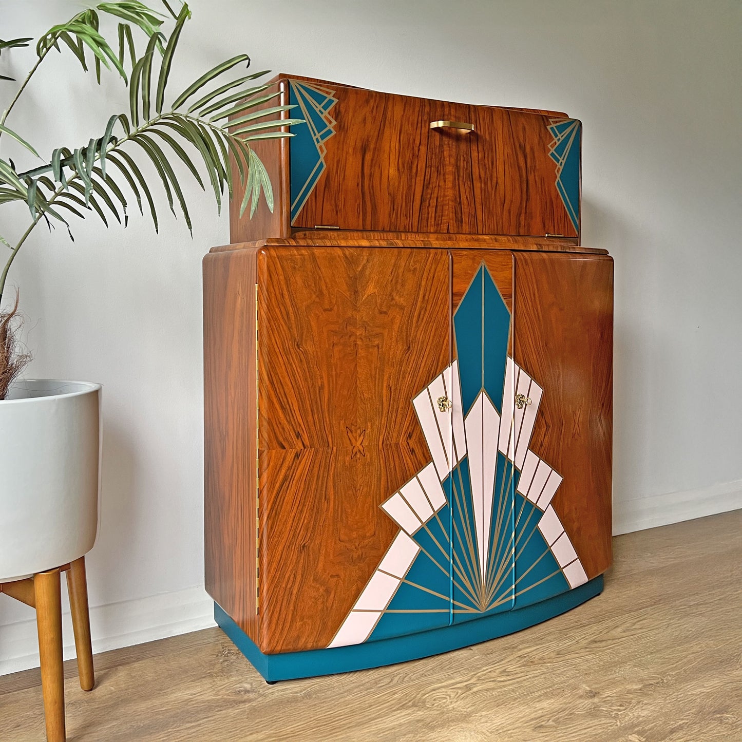 Large Vintage Walnut 1920s Art Deco Cocktail Cabinet - Bespoke Blue & Pink Hand-Painted Design - *MADE TO ORDER*