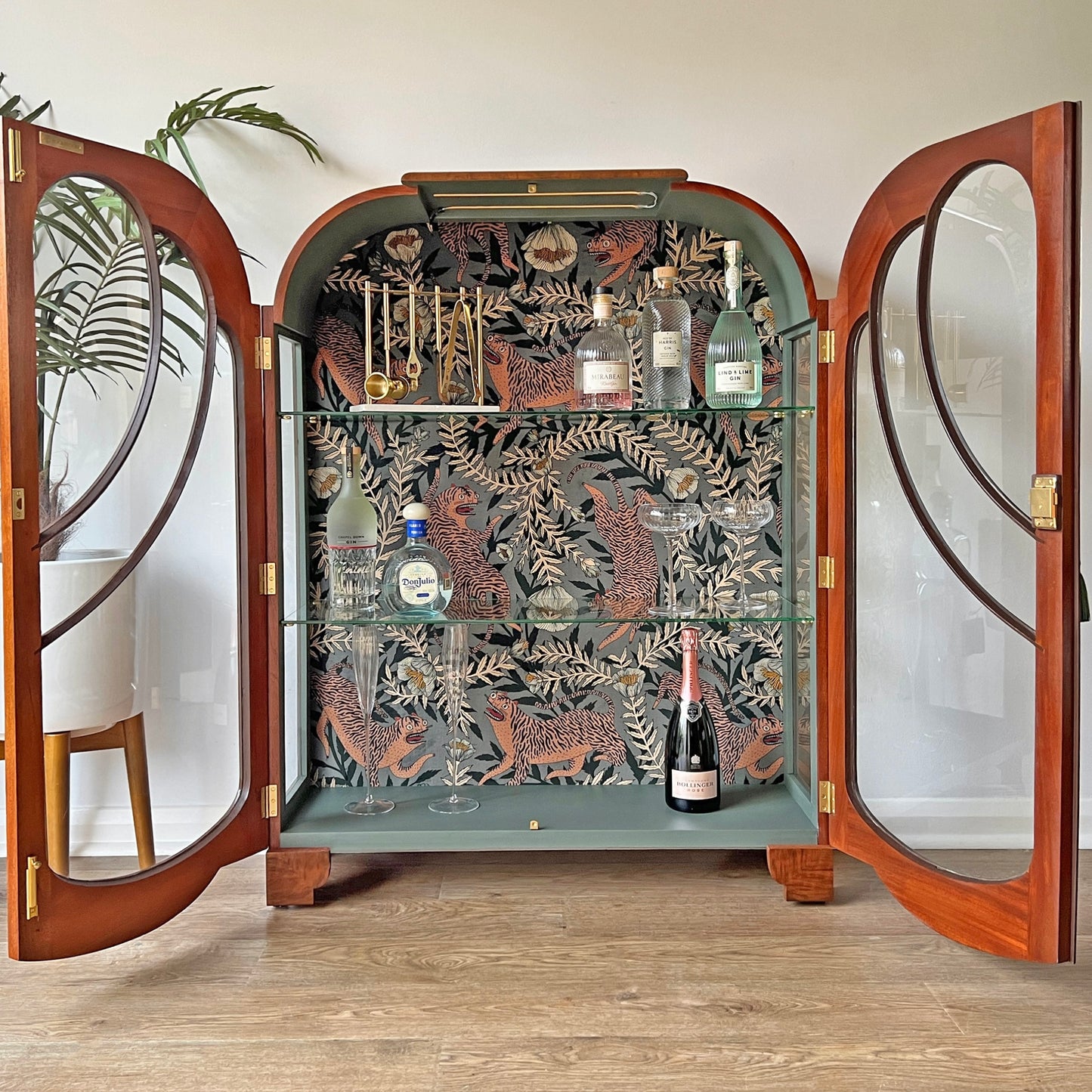 Vintage Art Deco Walnut Glazed Display Drinks Cabinet with Luxurious Sage Green Velvet Interior