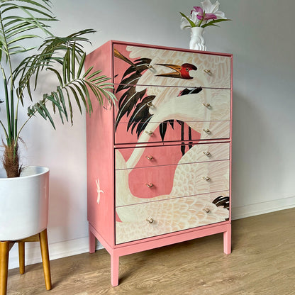 Bespoke Pink Stag C Range Tallboy – Fully Decoupaged in Iconic Pink Gucci Heron Print