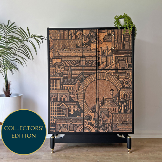 Vintage G Plan Librenza Large Drinks Cabinet in Drew Millward 'Hit The North' Real Cork Design