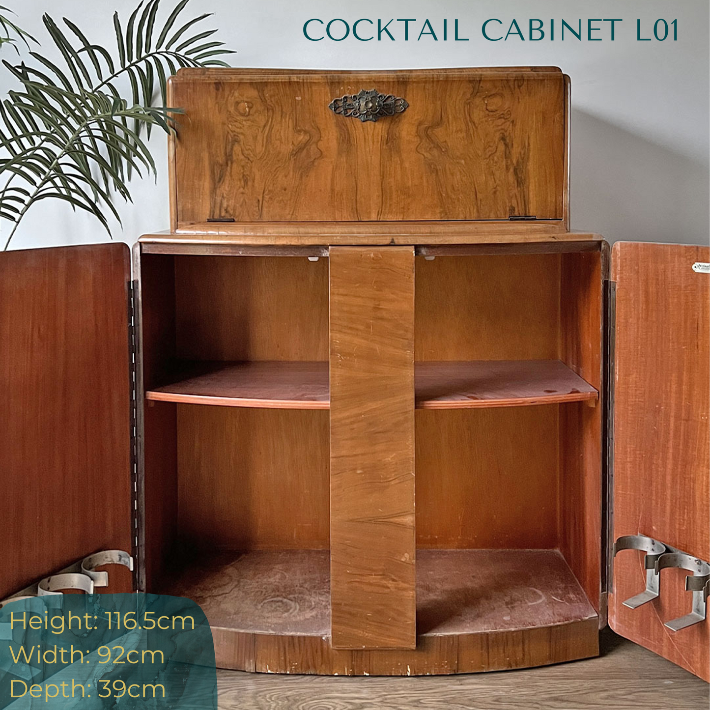 Large Vintage Walnut 1920s Art Deco Cocktail Cabinet - Bespoke Blue & Pink Hand-Painted Design - *MADE TO ORDER*