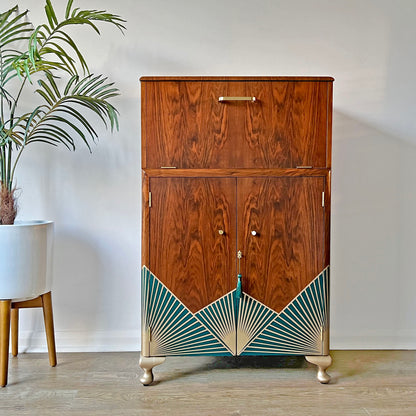 Green & Gold Art Deco Walnut Drinks Cocktail Gin Wine Bar Cabinet