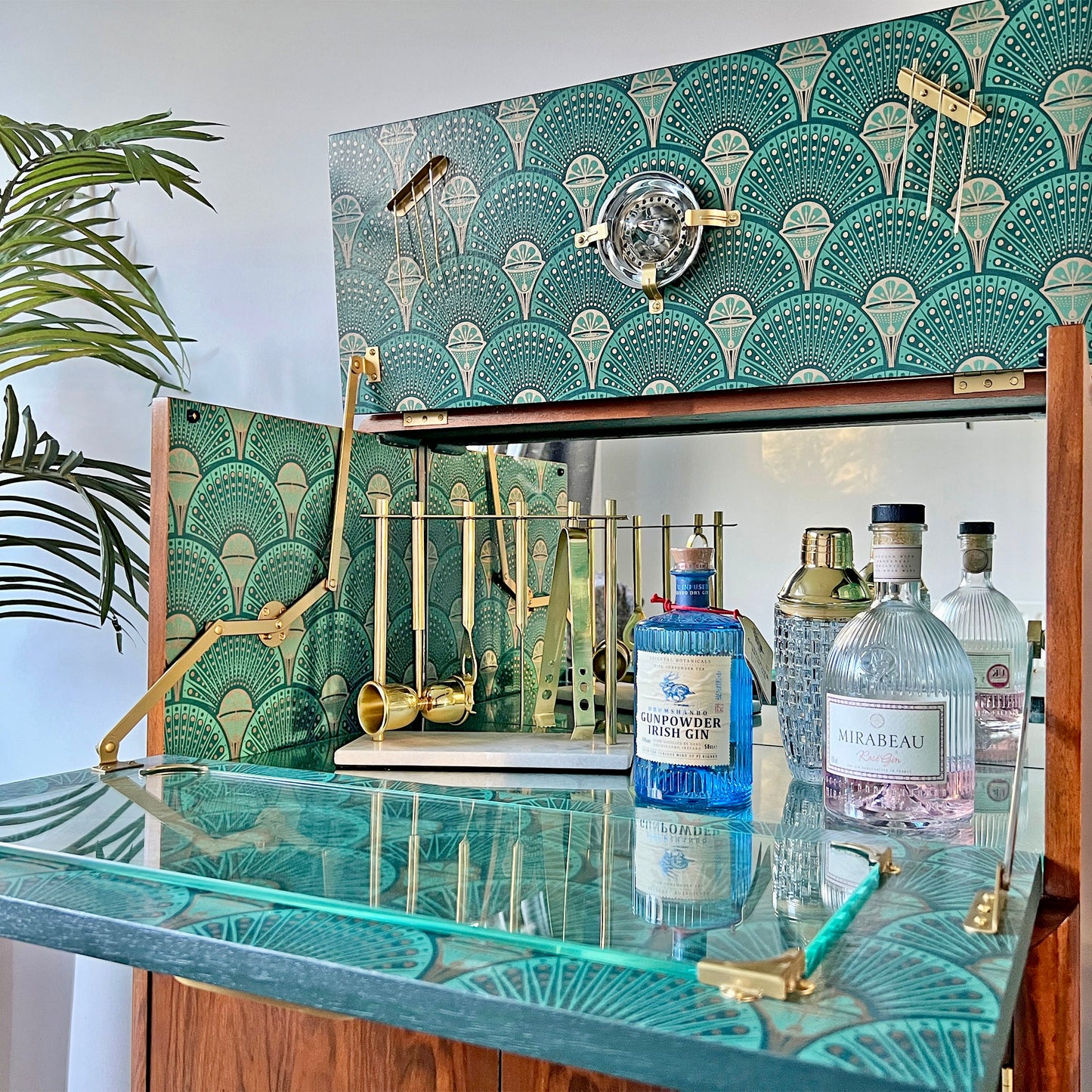 Green & Gold Art Deco Walnut Drinks Cocktail Gin Wine Bar Cabinet