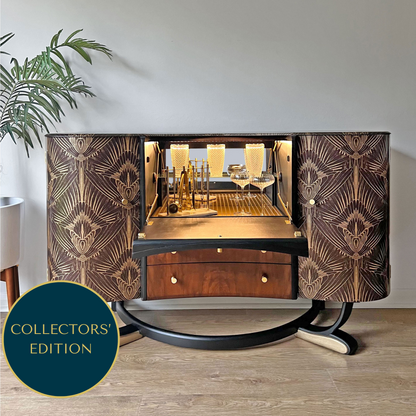 1920s Style Art Deco Beautility Walnut Sideboard Cocktail Cabinet - Black & Gold