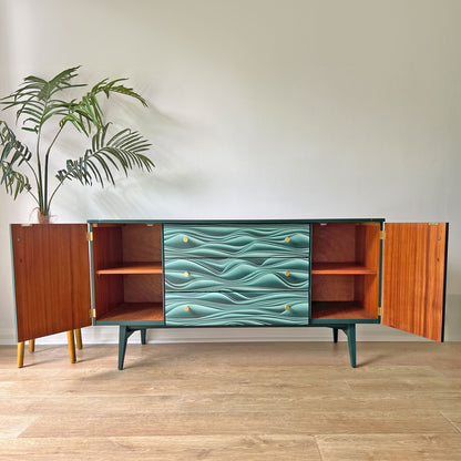 Mineral Green Vintage Mid-Century Meredew Sideboard with Unique 3D Decoupage