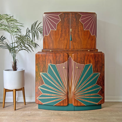 Large Vintage Walnut 1920s Art Deco Cocktail Cabinet - Red & Green Bespoke Hand-Painted Design - Made to Order