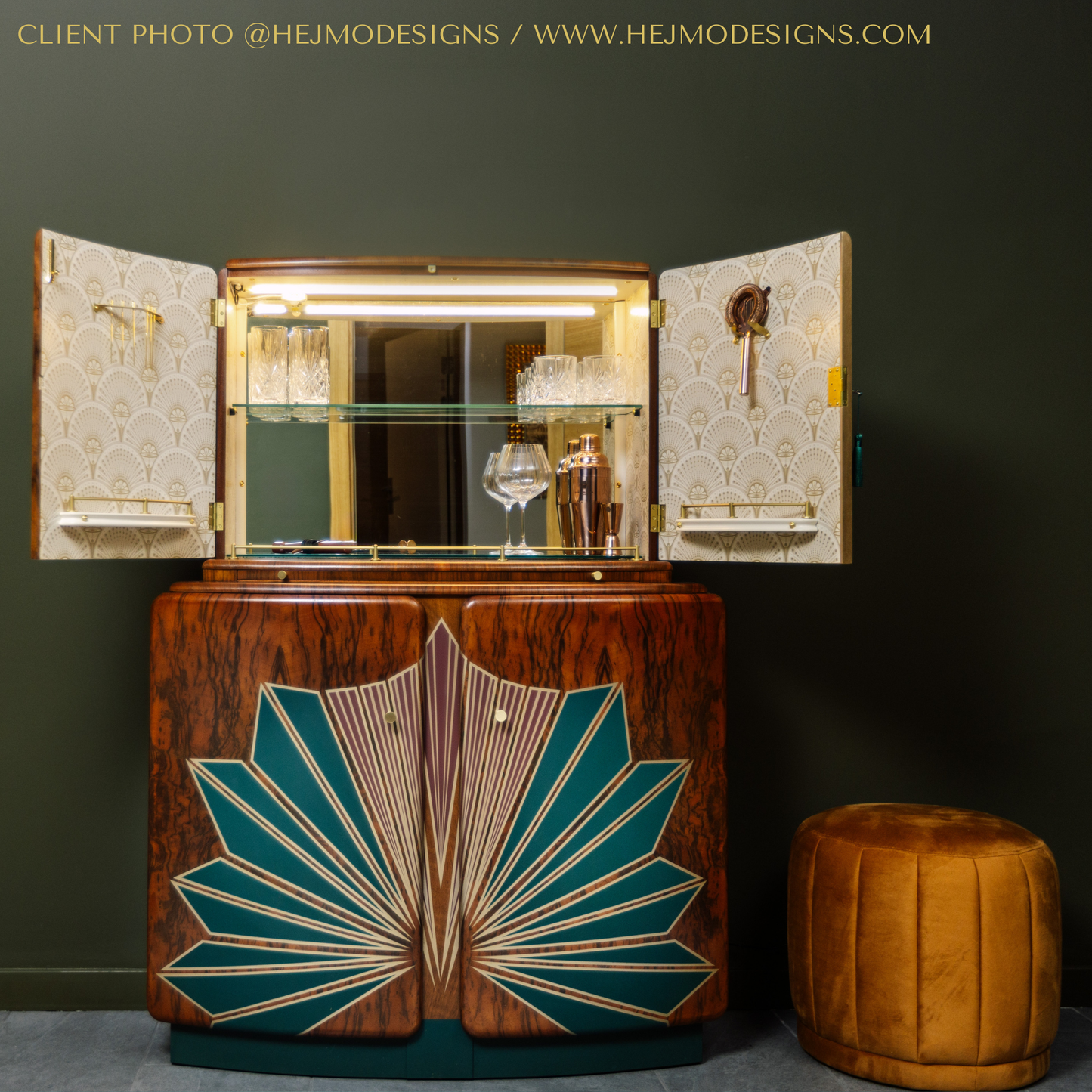 Large Vintage Walnut 1920s Art Deco Cocktail Cabinet - Red & Green Bespoke Hand-Painted Design - Made to Order