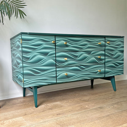 Mineral Green Vintage Mid-Century Meredew Sideboard with Unique 3D Decoupage