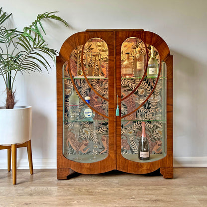 Vintage Art Deco Walnut Glazed Display Drinks Cabinet with Luxurious Sage Green Velvet Interior