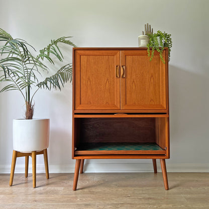 Vintage Mid Century G Plan Fresco Drinks Cocktail Cabinet on Wooden Legs - Green & Gold Interior