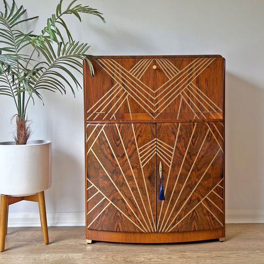 Vintage Walnut 1920s Art Deco Cocktail Cabinet - Bespoke Hand-Painted Gold Geometric Design - *MADE TO ORDER*