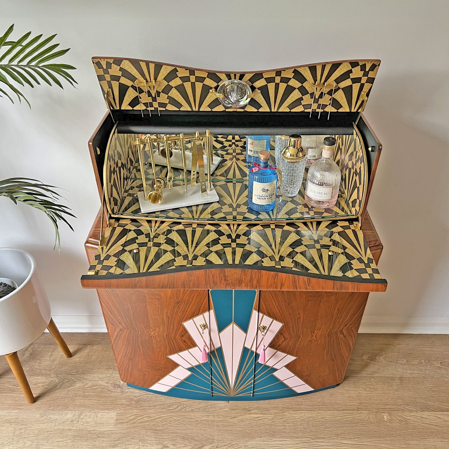 Large Vintage Walnut 1920s Art Deco Cocktail Cabinet - Bespoke Blue & Pink Hand-Painted Design - *MADE TO ORDER*