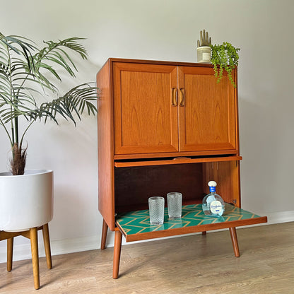 Vintage Mid Century G Plan Fresco Drinks Cocktail Cabinet on Wooden Legs - Green & Gold Interior