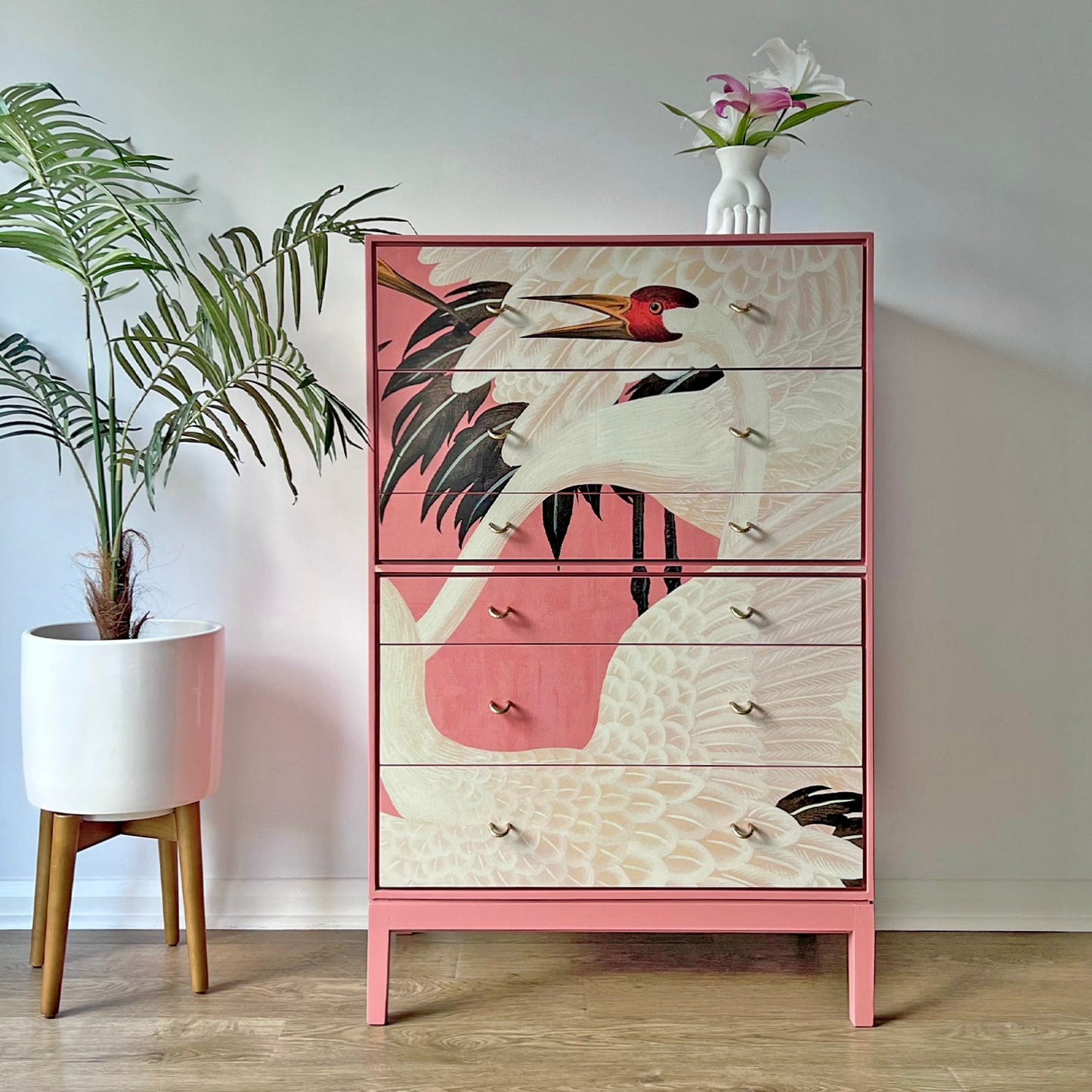 Bespoke Pink Stag C Range Tallboy – Fully Decoupaged in Iconic Pink Gucci Heron Print