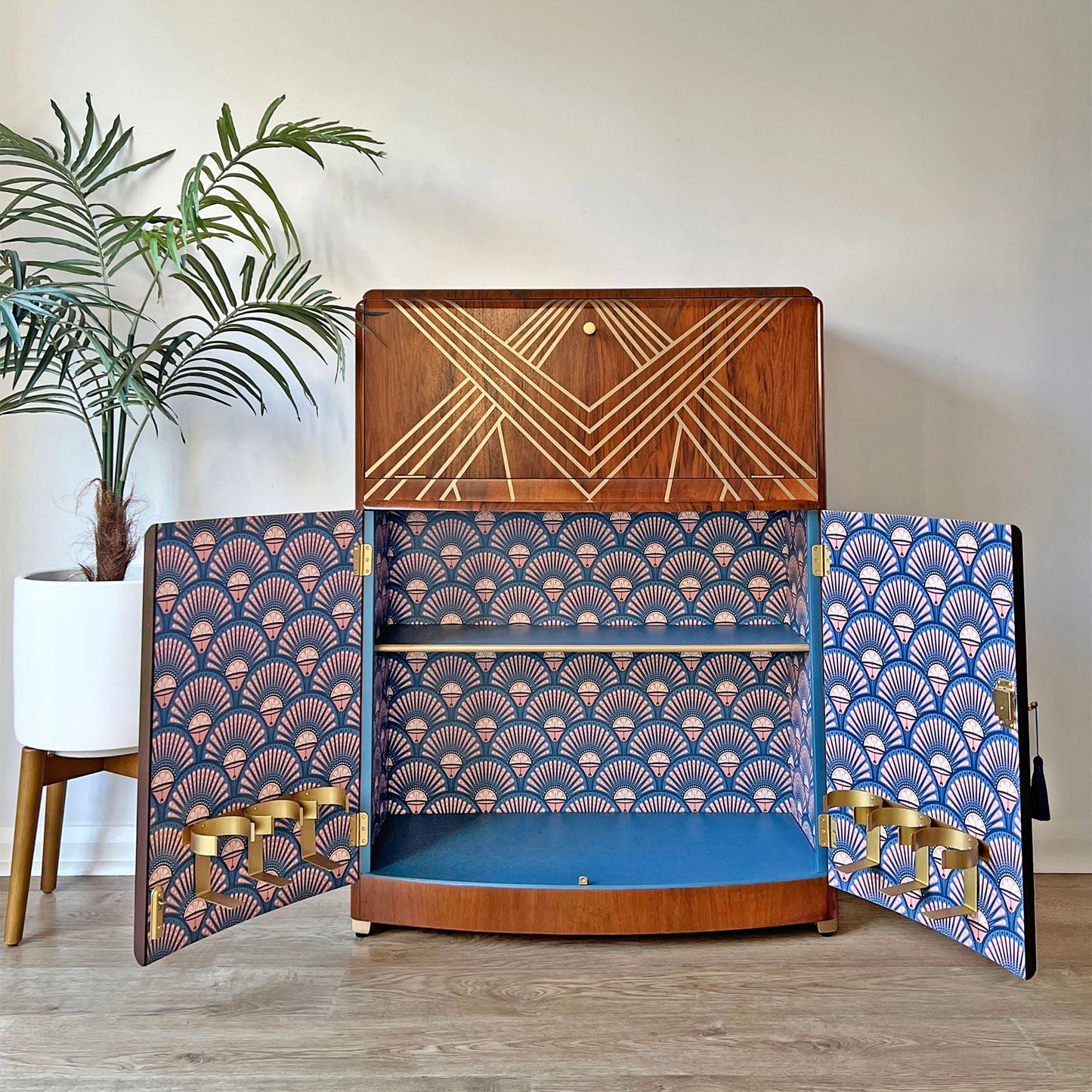 Vintage Walnut 1920s Art Deco Cocktail Cabinet - Bespoke Hand-Painted Gold Geometric Design - *MADE TO ORDER*