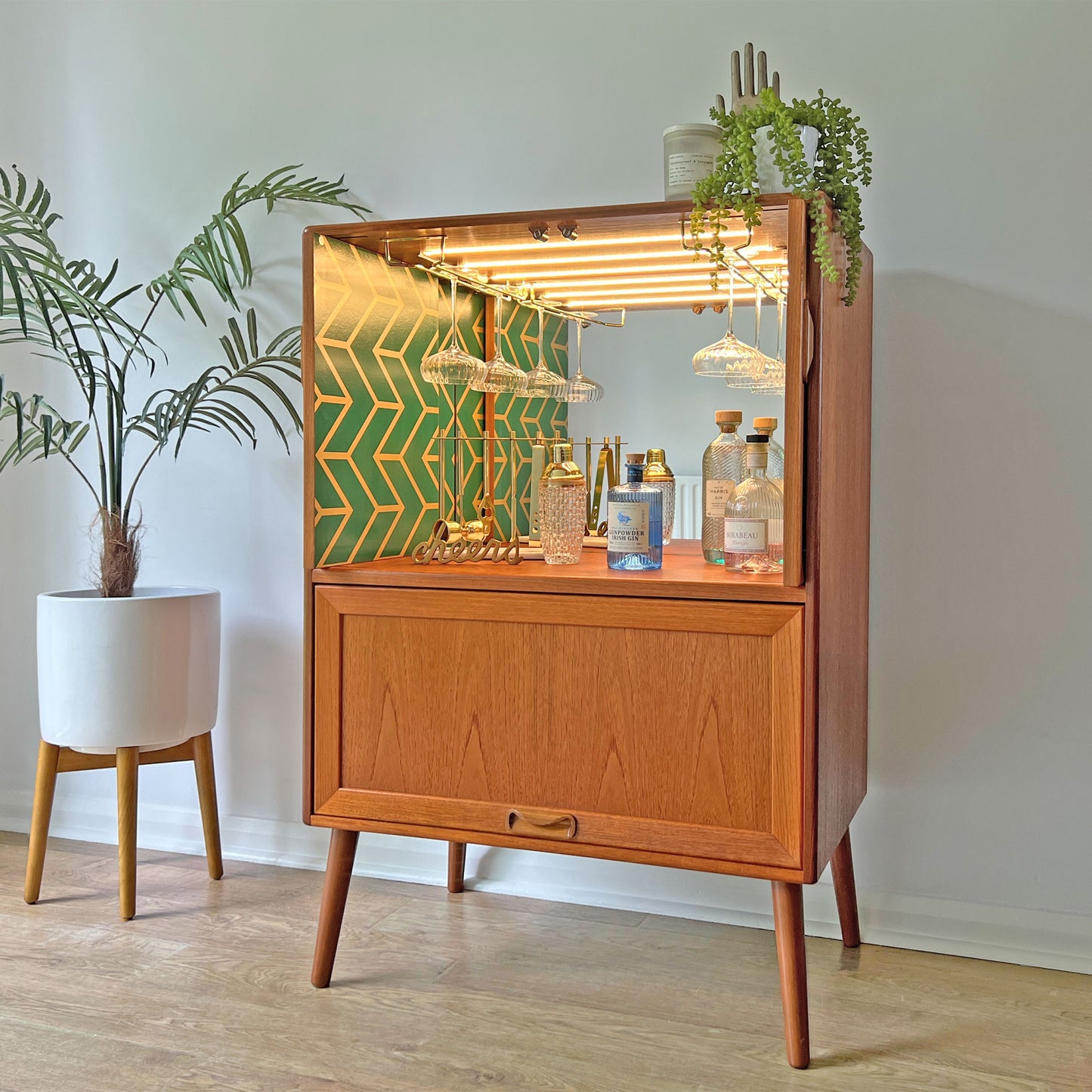 Vintage Mid Century G Plan Fresco Drinks Cocktail Cabinet on Wooden Legs - Green & Gold Interior