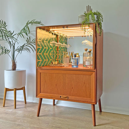 Vintage Mid Century G Plan Fresco Drinks Cocktail Cabinet on Wooden Legs - Green & Gold Interior