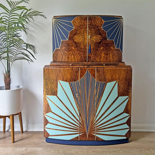 Large Vintage Walnut 1920s Art Deco Cocktail Cabinet - Bespoke Hand-Painted Design - Made to Order