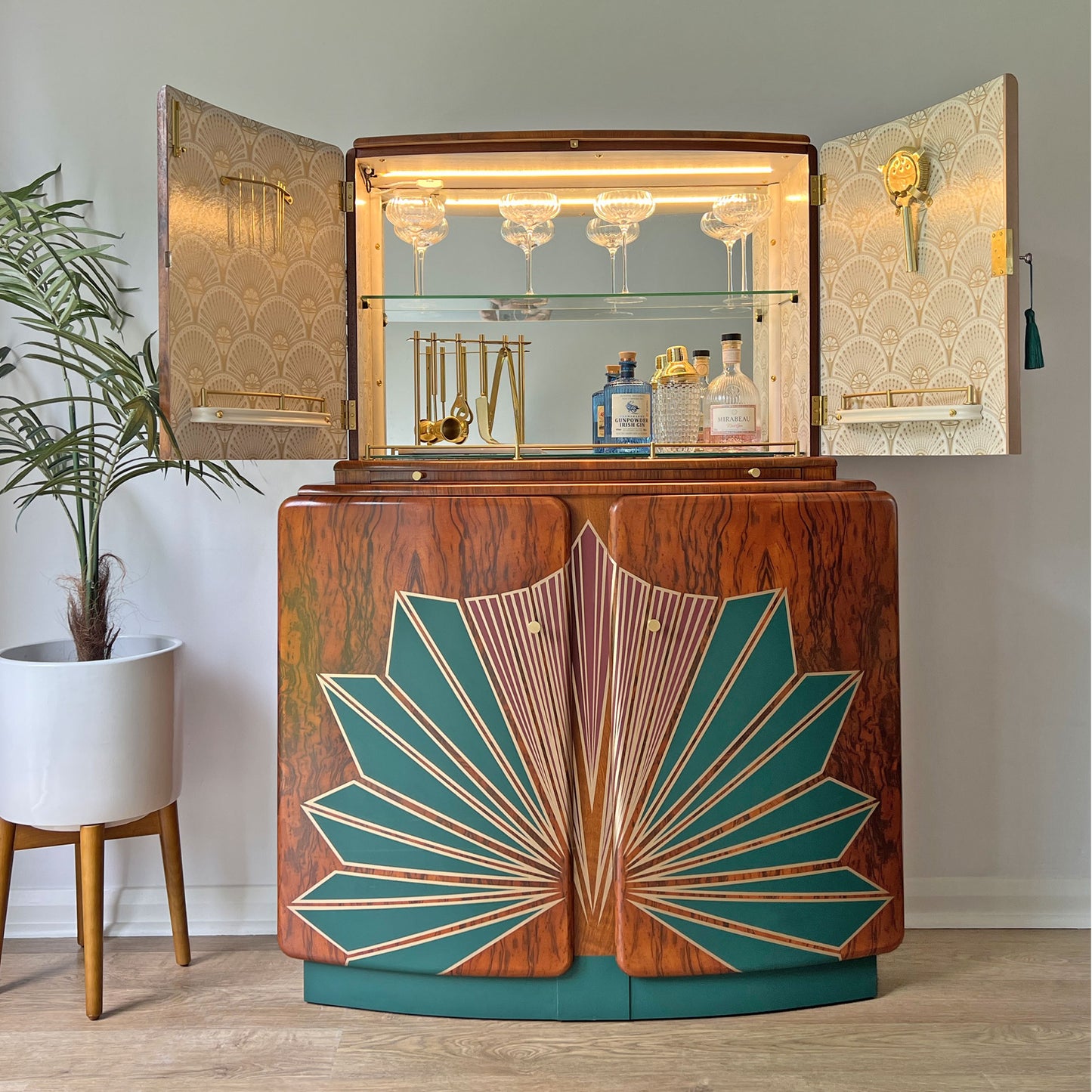 Large Vintage Walnut 1920s Art Deco Cocktail Cabinet - Red & Green Bespoke Hand-Painted Design - Made to Order