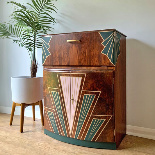 Vintage Walnut 1920s Art Deco Cocktail Cabinet - Bespoke Hand-Painted Design - Made to Order