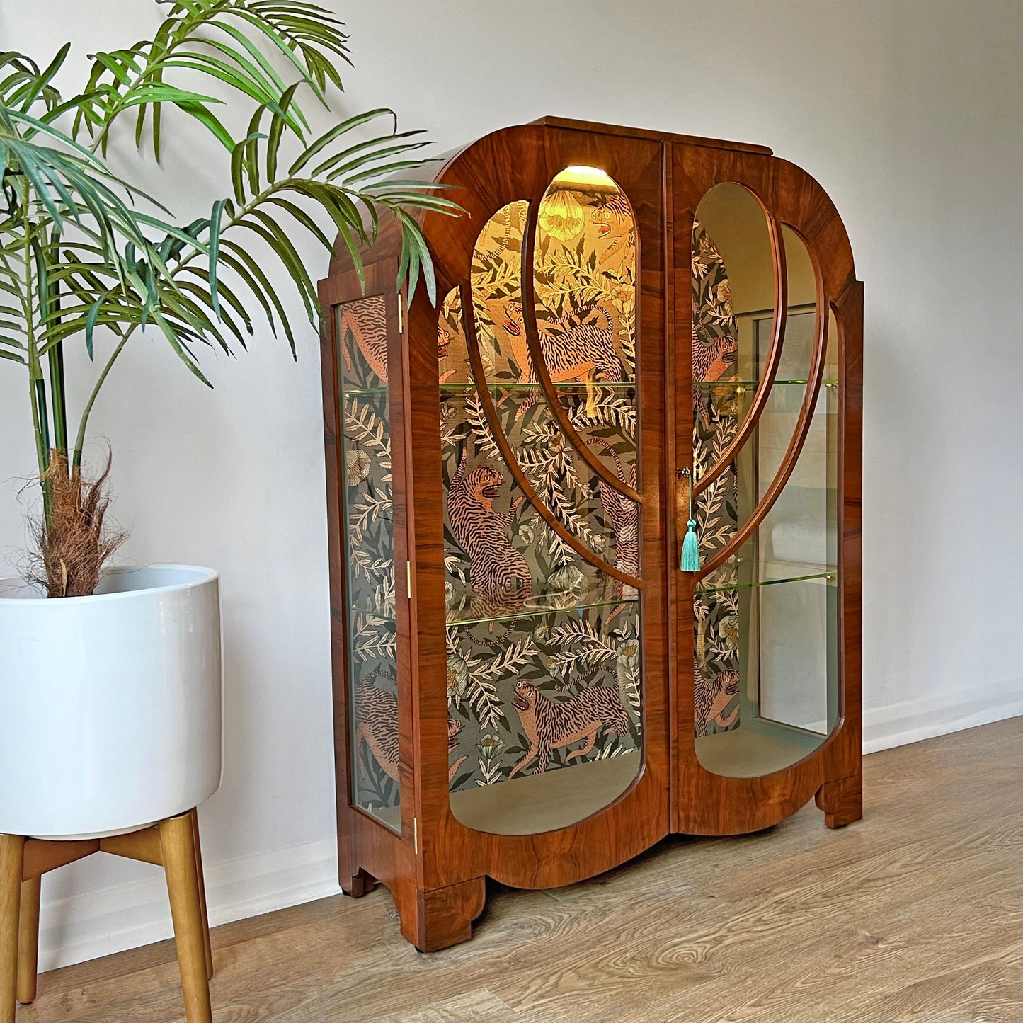 Vintage Art Deco Walnut Glazed Display Drinks Cabinet with Luxurious Sage Green Velvet Interior