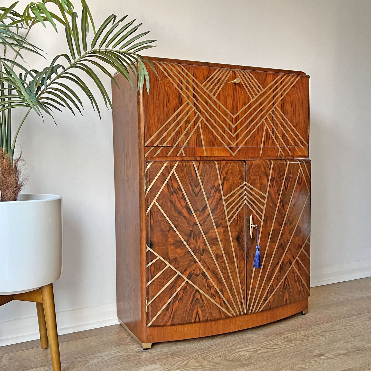 Vintage Walnut 1920s Art Deco Cocktail Cabinet - Bespoke Hand-Painted Gold Geometric Design - *MADE TO ORDER*