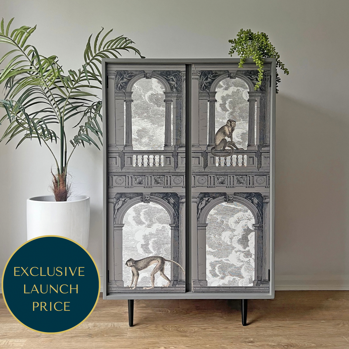 Luxury Grey Fornasetti Cocktail Cabinet – Procuratie Con Vista Drinks & Whiskey Bar Storage