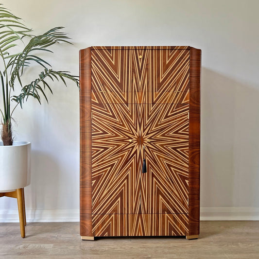 Luxury Art Deco Gold Starburst Walnut Drinks Cocktail Cabinet