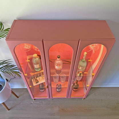 G Plan Modern Arched Glass Display Drinks Cocktail Cabinet - Pink Gucci Herons