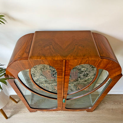 Vintage Art Deco Walnut Glazed Display Drinks Cabinet with Luxurious Sage Green Velvet Interior