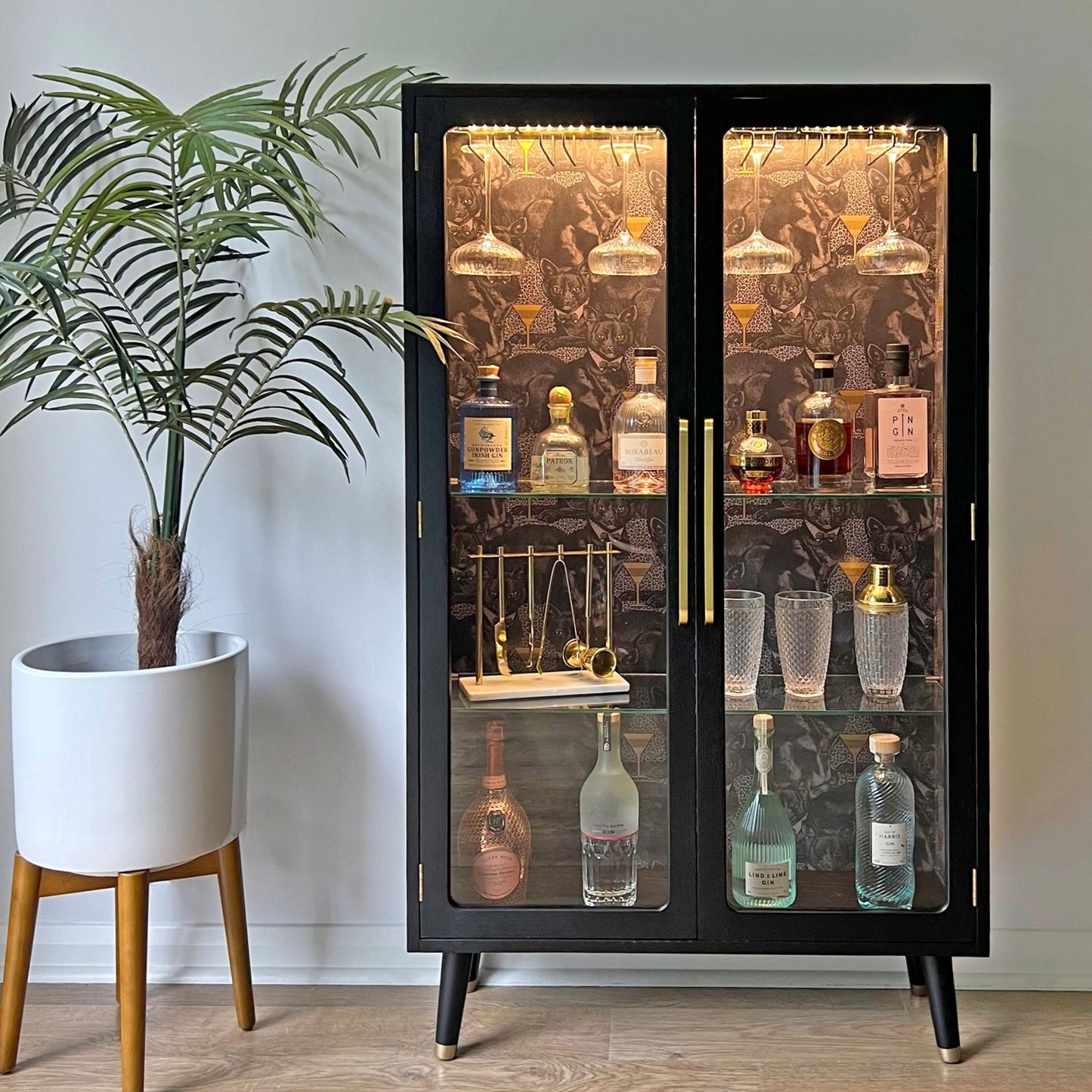 G Plan Black & Gold Glass Fronted Display Drinks Cabinet in Divine Savages Cat-itude - MADE TO ORDER