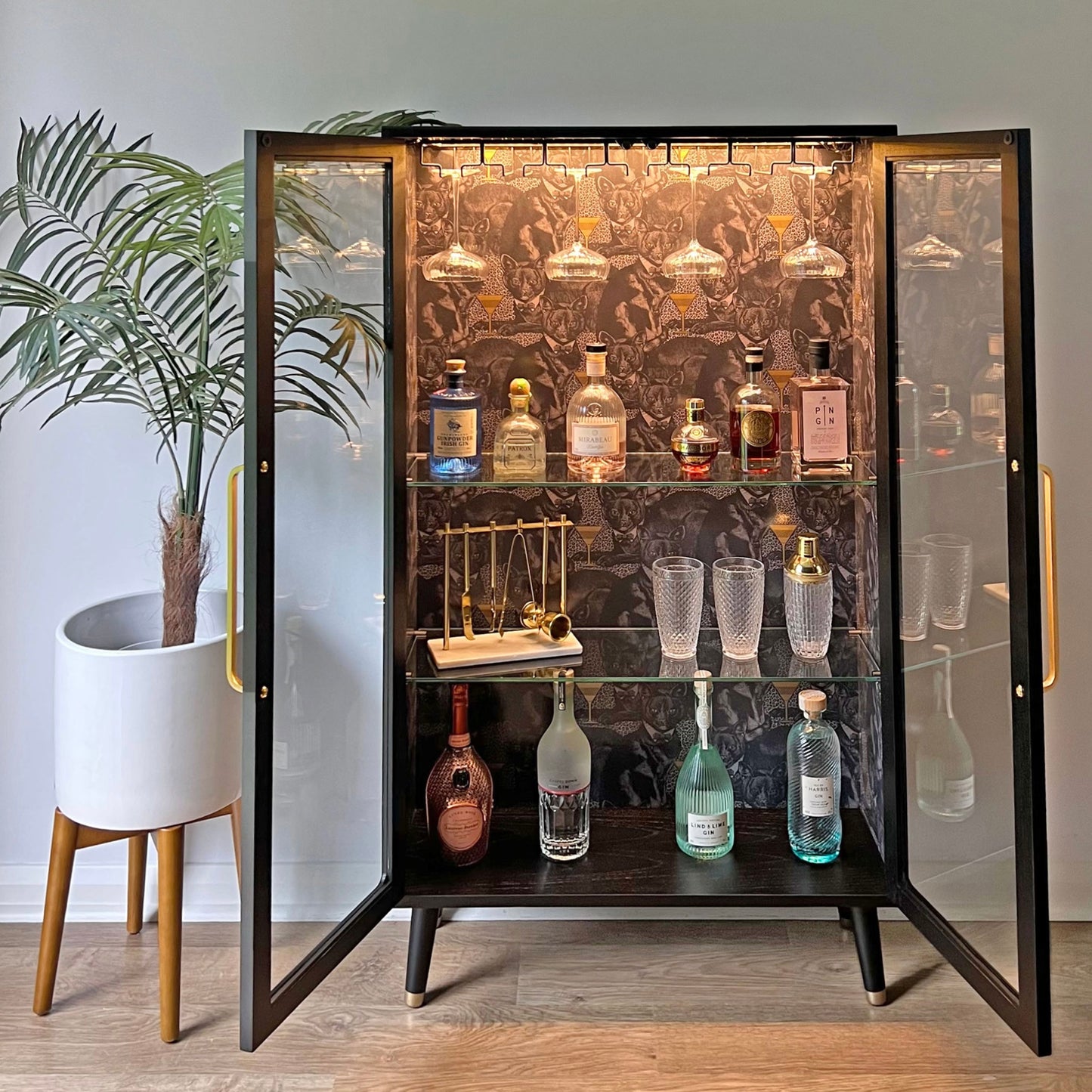 G Plan Black & Gold Glass Fronted Display Drinks Cabinet in Divine Savages Cat-itude - MADE TO ORDER