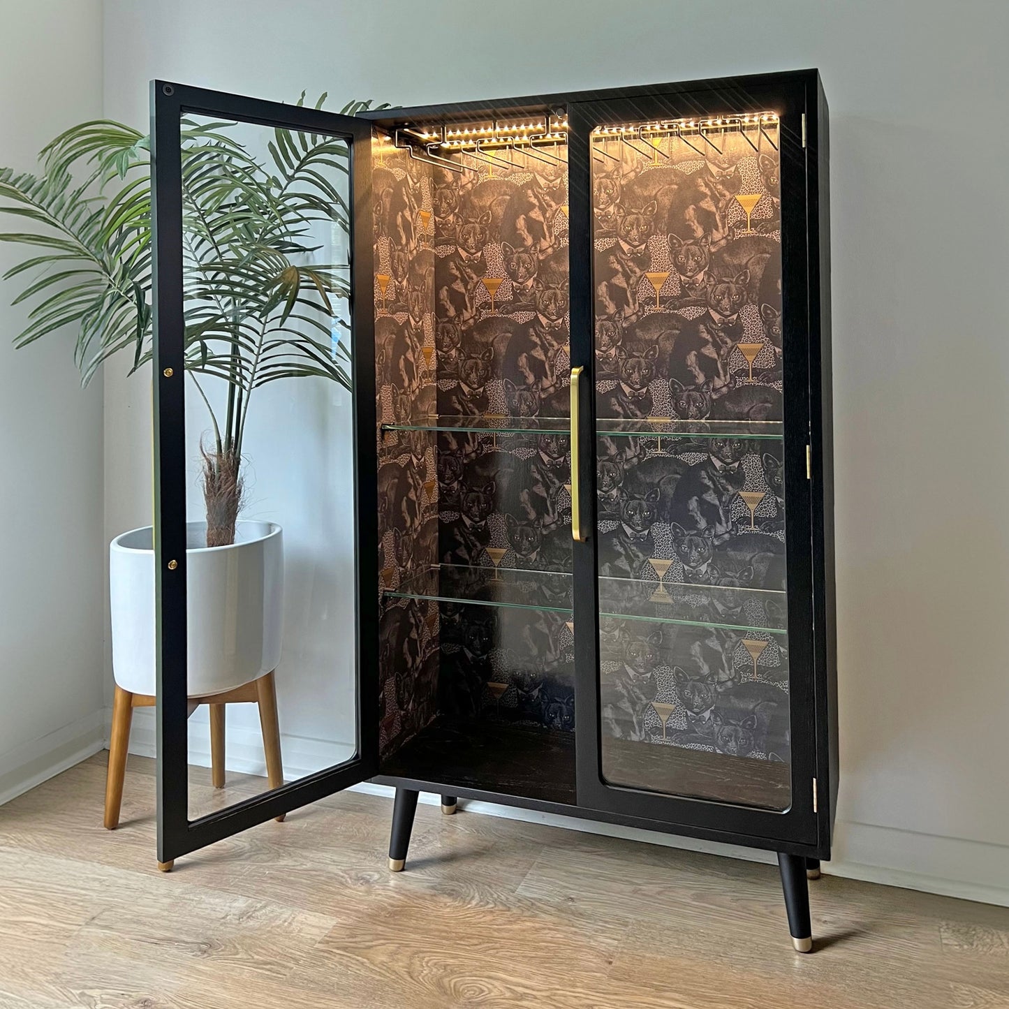 G Plan Black & Gold Glass Fronted Display Drinks Cabinet in Divine Savages Cat-itude - MADE TO ORDER